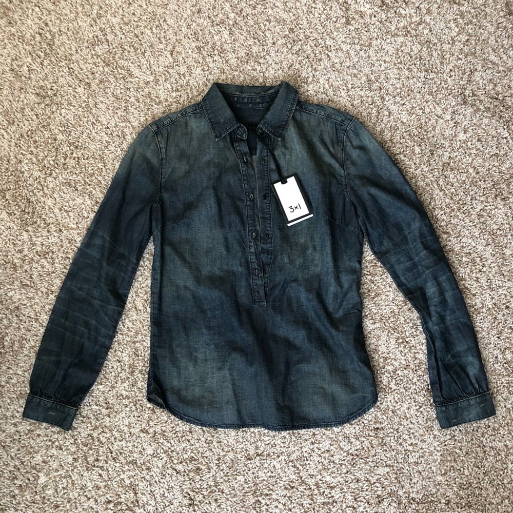3x1 dark denim dyed placket front shirt